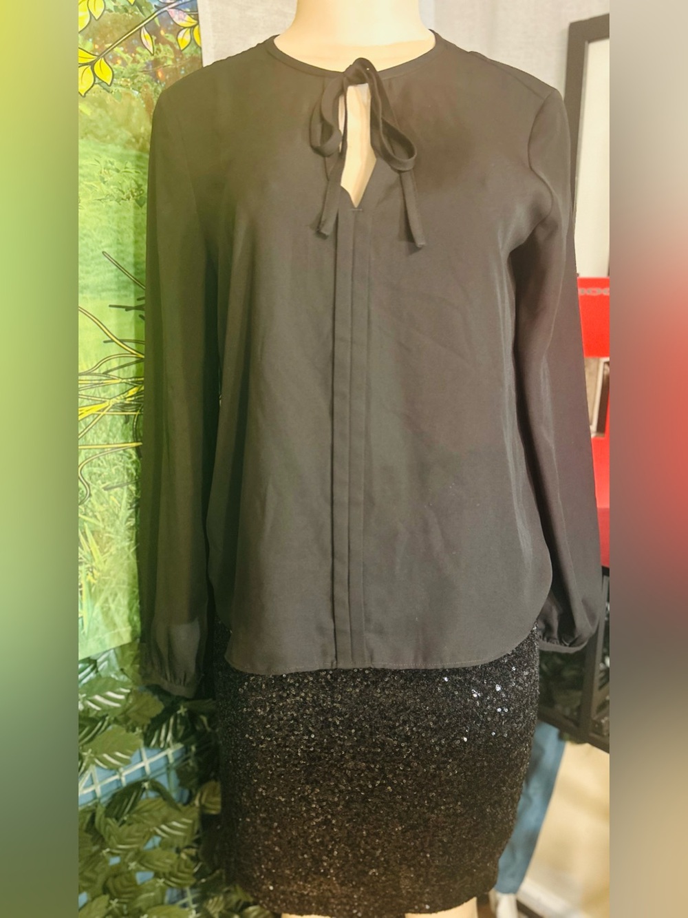 Banana Republic Black Long Sleeve Blouse w Two Ties @ Neckline | Size:S